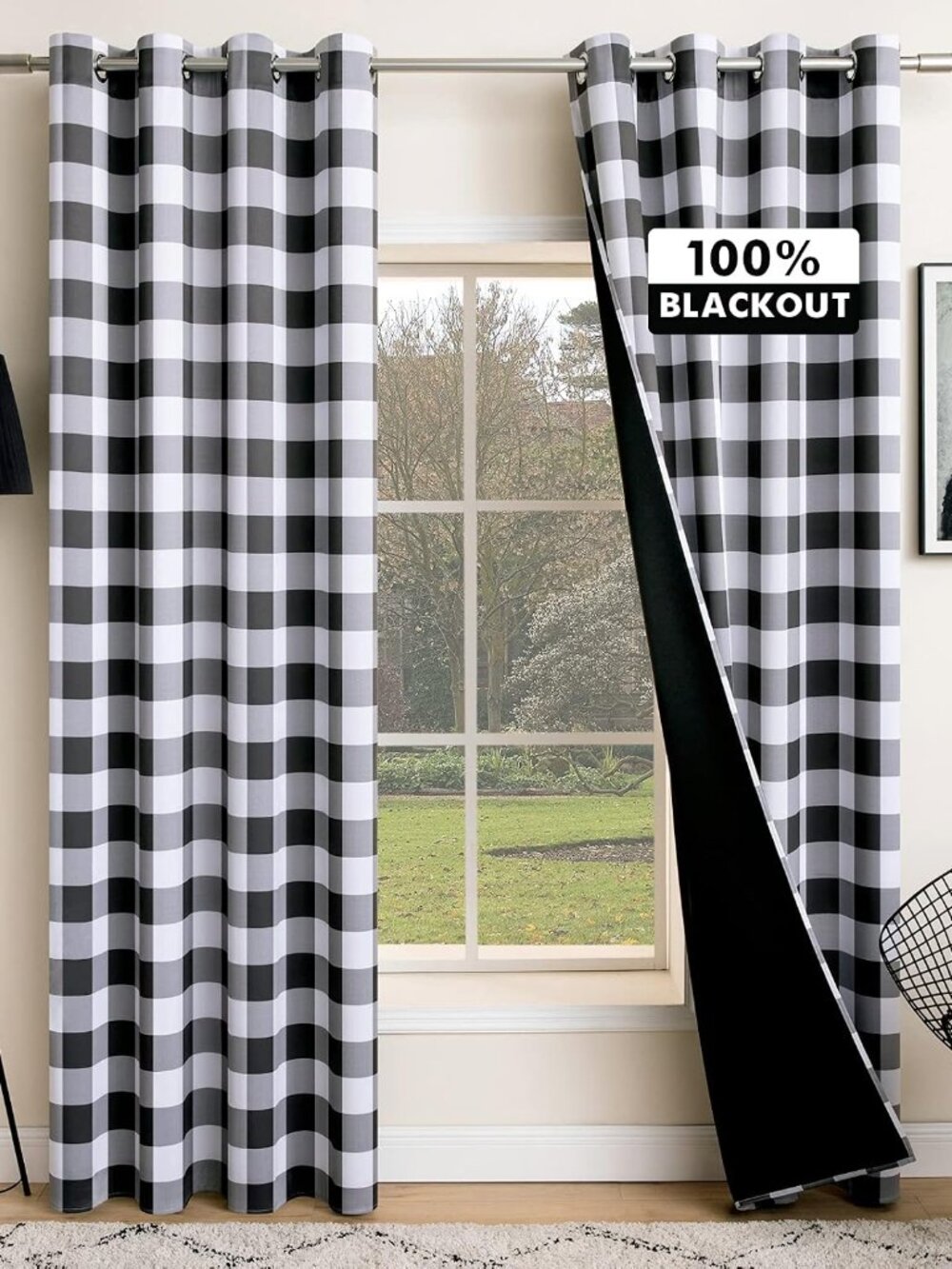 Buffalo Plaid Curtains, W52 x L84 Black and White Set of 2 Panels